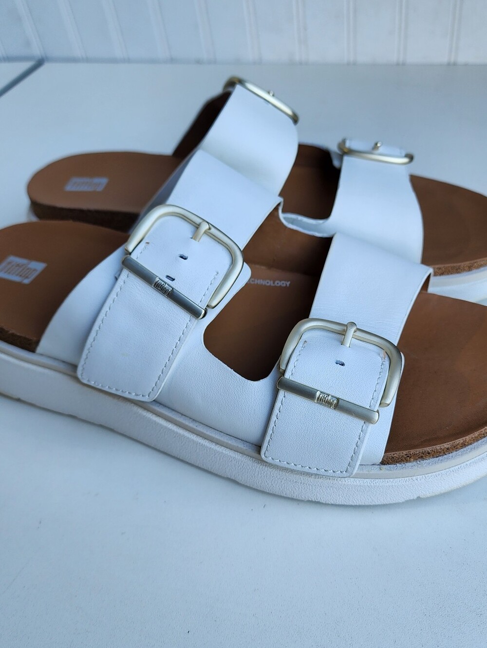 FITFLOP GEN FF White Leather Buckle Two Bar Slide Platform Sandals Comfort US 11